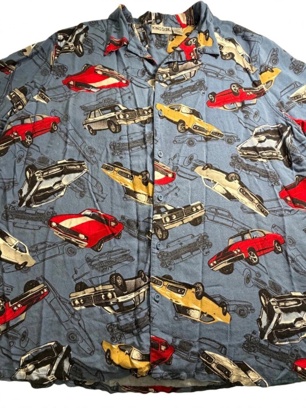 KING SIZE Big & Tall 3XL Tall Blue Rayon Muscle Car Print Camp Shirt Mens